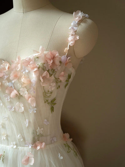 White Tulle Straps 3D Flower Tea Length Prom Dress