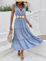 Solid Color Suspender High Waist Dress