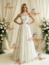 Beige White Lace Halter Wedding Dress