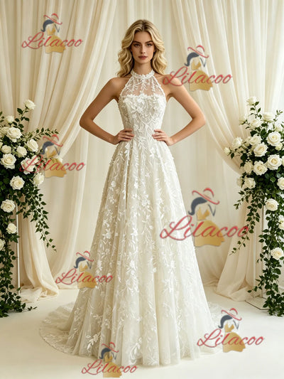 Beige White Lace Halter Wedding Dress