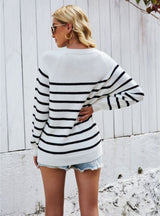 Black and White Striped Button Sweater