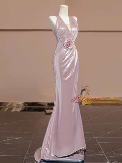 Pink Mermaid V-neck Pleats Flower Prom Dress