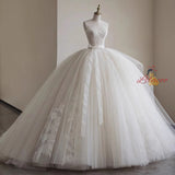 Ball Gown White Tulle Lace Strapless Wedding Dress