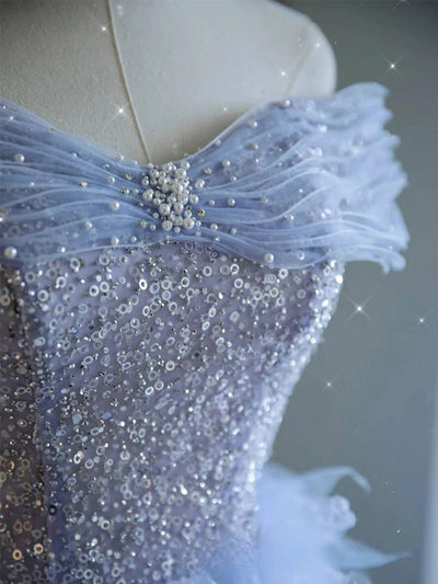 Blue Tulle Sequins Off the Shoulder Prom Dress