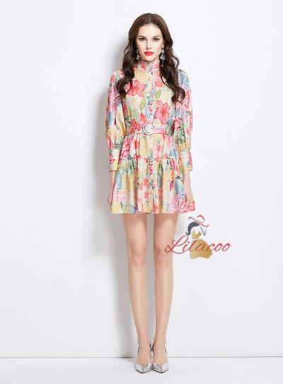 Lantern Sleeve Button Printed Short Dress