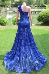 Royal Blue Mermaid Sequins One Shoulder Prom Dress