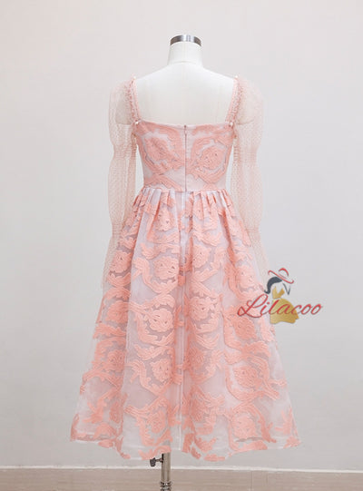 Pink Lace Long Sleeve Prom Dress