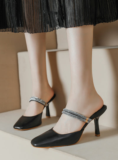 Square-headed Rhinestone Thin Heel Sandals