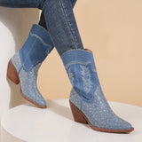 Diamond Pointed Thick Heel Blue Boots