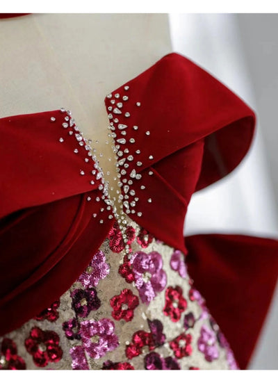 Burgundy Sequins Bow Prom Dress