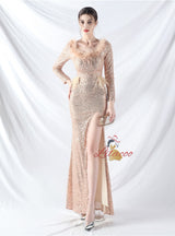 Long Sleeve Mermaid Sequins Split Prom Dress