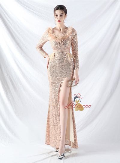 Long Sleeve Mermaid Sequins Split Prom Dress