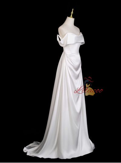 White Satin Off the Shoulder Wedding Dress