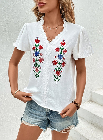 Summer Embroidered V-neck Top