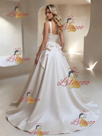 Ivory Satin Straps Sleeveless Wedding Dress