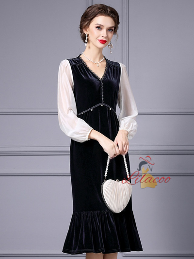 Black V-neck Velvet Mother Of The Bride Dress