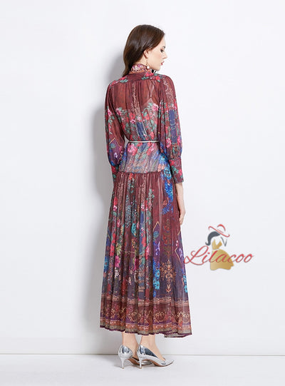 Retro Stand-up Button Printed Dress