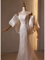 White Mermaid Lace Satin Strapless Wedding Dress