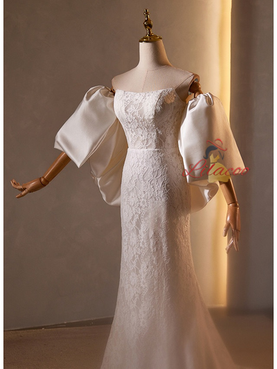 White Mermaid Lace Satin Strapless Wedding Dress