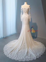 White Mermaid Long Sleeve Appliques Wedding Dress