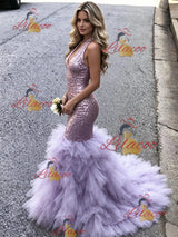 Purple Mermaid Sequins V-neck Prom Dress