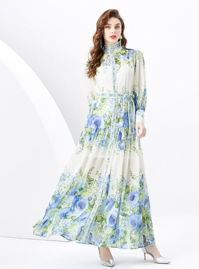 Retro Long-sleeved Slim Breasted Printed Dress