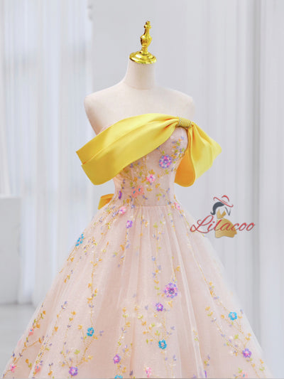 Champagne Tulle Sequins Tea Length Prom Dress