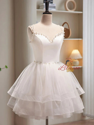 White Tulle Straps Pearls Homecoming Dress
