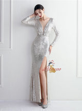 Long Seeve Mermaid Sequins Split Prom Dress