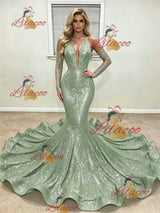 Green Mermaid Sequins Long Sleeve Prom Dress