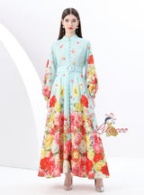 Retro Stand-up Printed Long Dress