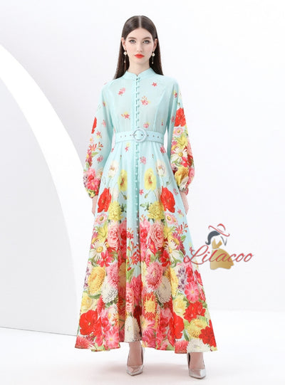 Retro Stand-up Printed Long Dress