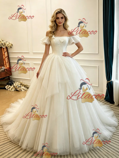 Beige White Tulle Off the Shoulder Wedding Dress
