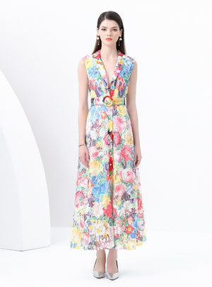 Sleeveless Lace Floral Print Long Dress
