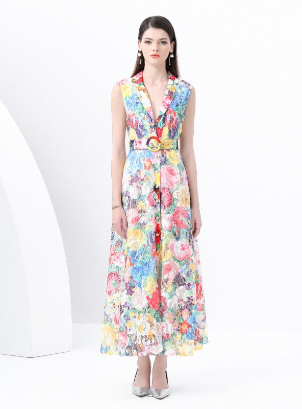 Sleeveless Lace Floral Print Long Dress