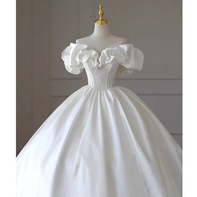 Ball Gown Satin Off the Shoulder Pearls Wedding Dress