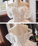 White Lace Tulle Spaghetti Straps Pleats Wedding Dress
