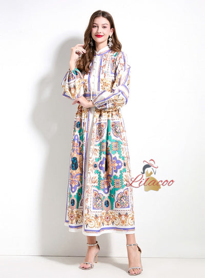Shirt Breasted Slim Long Printed Dress
