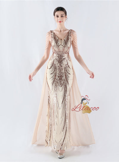 V-neck Tulle Sequins Beading Prom Dress