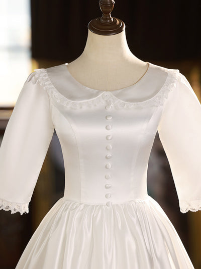 White Satin Short Sleeve Button Wedding Dress