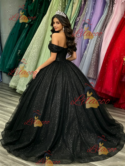 Black Sequisn Off the Shoulder Quinceanera Dress