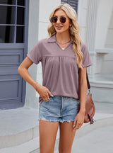 Solid Color Lapel Pleated Loose Short Sleeve T-shirt