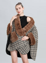 Wool-padded Plaid Fur Collar Knitted Shawl