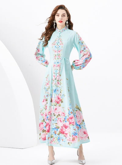 Retro Palace Style Long Sleeve Vertical Print Dress