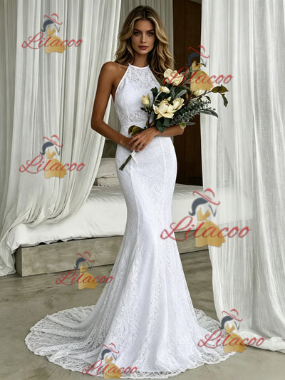 White Mermaid Lace Halter Wedding Dress