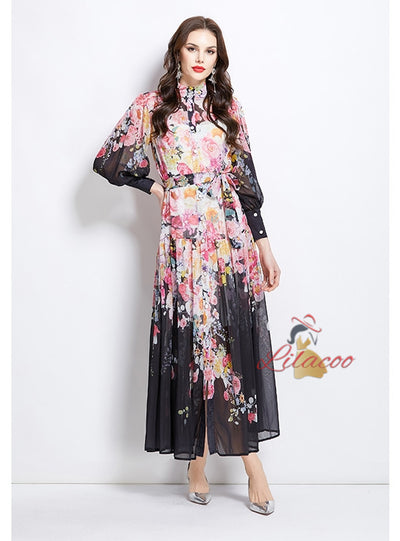 Lantern Sleeve Printed Big Swing Dress
