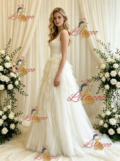 Beige White Tulle Straps Wedding Dress