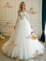 White Tulle Lace Long Sleeve Wedding Dress