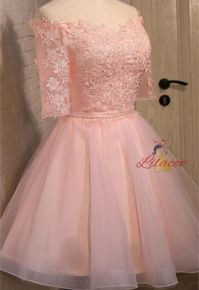 Pink Tulle Lace Short Sleeve Homecoming Dress