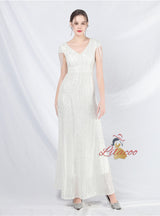 V-neck Sequins Cap Sleeve Beading Prom Dress